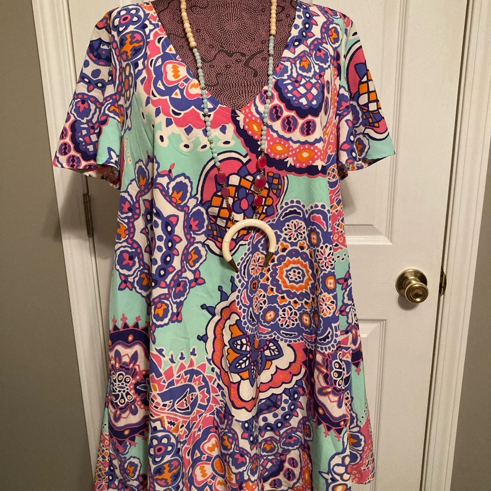 Judith March V Neck mini shift dress flutter sleeve size Large cute boho print.